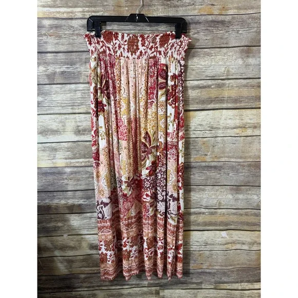 Anthropologie Indira Patchwork Boho Maxi Skirt Pink Rose Smocked Slit Large NEW - Picture 5 of 10